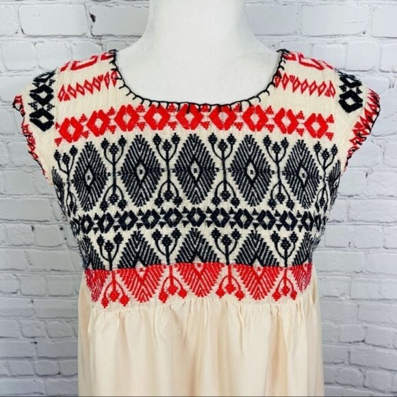 Edme & Esyllte Petra Cream with Blue & Red Aztec Embroidery A-Line Swing Dress - Picture 4 of 10